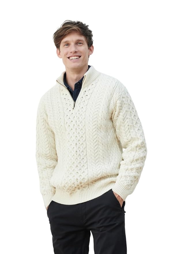 Aran Woollen Mills Men's Merino Wool Aran 1/2 Zipper High Neck